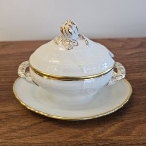 Jam jar mustard pot tiny lidded tureen gold rim underplate Richard Ginori Italy